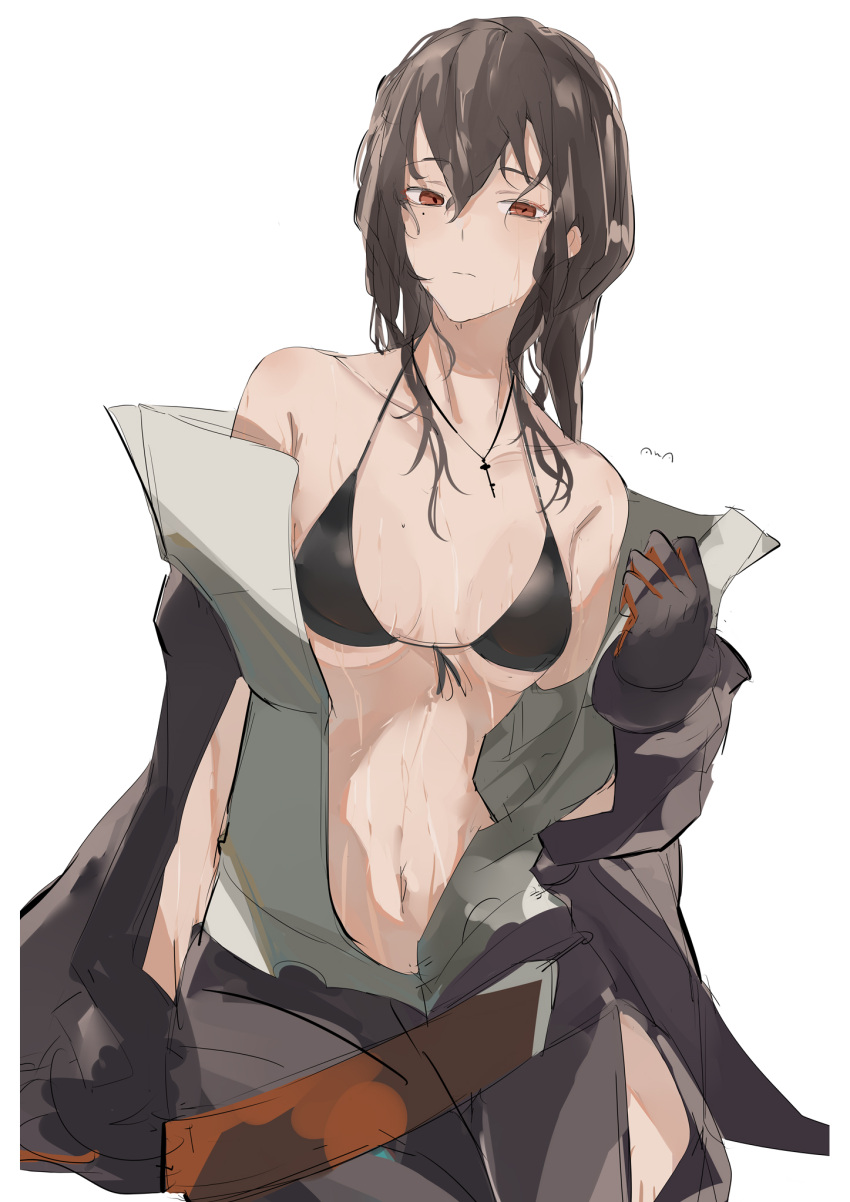 bikini black_bikini bodysuit breasts brown_eyes brown_hair closed_mouth collarbone diving_suit double-parted_bangs expressionless female girls'_frontline_neural_cloud gloves hatsuchiri_(neural_cloud) highres jewelry key key_necklace long_hair looking_at_viewer mole mole_on_breast mole_under_eye navel necklace open_wetsuit sidelocks simple_background solo sutekina_awa swimsuit water_drop wet wetsuit white_background