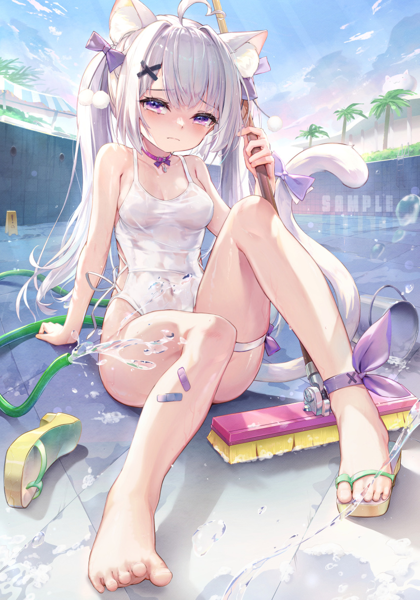 animal_ears bandaid bandaid_on_knee bandaid_on_leg bare_shoulders barefoot blush bow breasts broom cat_ears cat_girl cat_tail check_commentary choker commentary commentary_request covered_navel female highres holding holding_broom hose knees_up looking_at_viewer medium_breasts one-piece_swimsuit original outdoors pool purple_choker purple_eyes qiaogun_damodao sandals sitting solo swimsuit tail tail_bow tail_ornament thigh_strap thighs toes wet wet_clothes wet_swimsuit white_hair white_one-piece_swimsuit