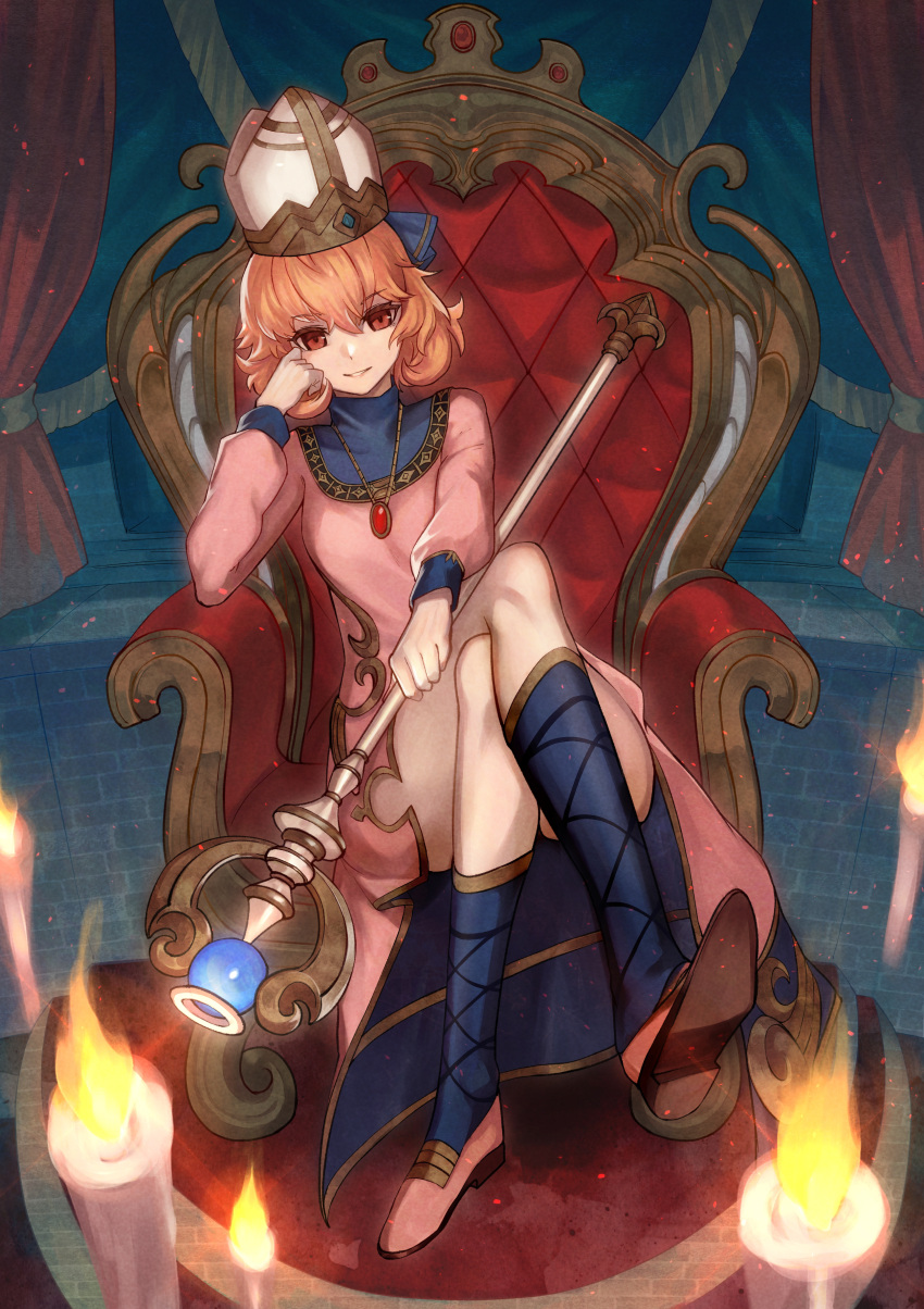 absurdres bare_legs brown_hair candle commission crossed_legs dress female fire_emblem fire_emblem_echoes:_shadows_of_valentia full_body genny_(fire_emblem) highres holding holding_staff jewelry long_sleeves looking_at_viewer necklace parted_lips pink_dress red_eyes short_hair sitting sitting_on_throne skeb_commission smile solo staff teo_(telo_ruka) throne