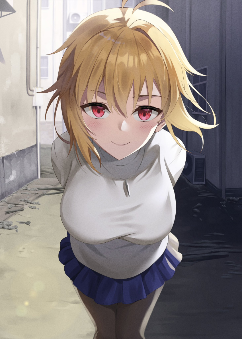 alley antenna_hair arcueid_brunestud blonde_hair blue_skirt blush breasts closed_mouth commentary_request female highres jewelry large_breasts leaning_forward necklace pantyhose pleated_skirt red_eyes skirt smile solo straight-on sweater tsukihime tsukihime_(remake) turtleneck turtleneck_sweater white_sweater yuyuenimo