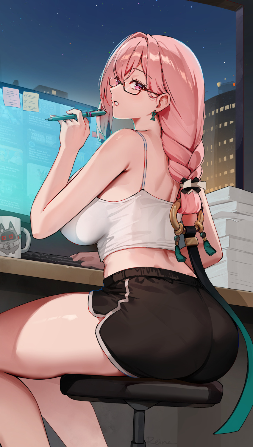 absurdres ass bare_shoulders black_shorts blush braid braided_ponytail breasts camisole crop_top dolphin_shorts female foxyreine glasses highres large_breasts long_hair looking_at_viewer looking_back pink_eyes pink_hair short_shorts shorts solo thighs tsukishiro_yanagi white_camisole zenless_zone_zero