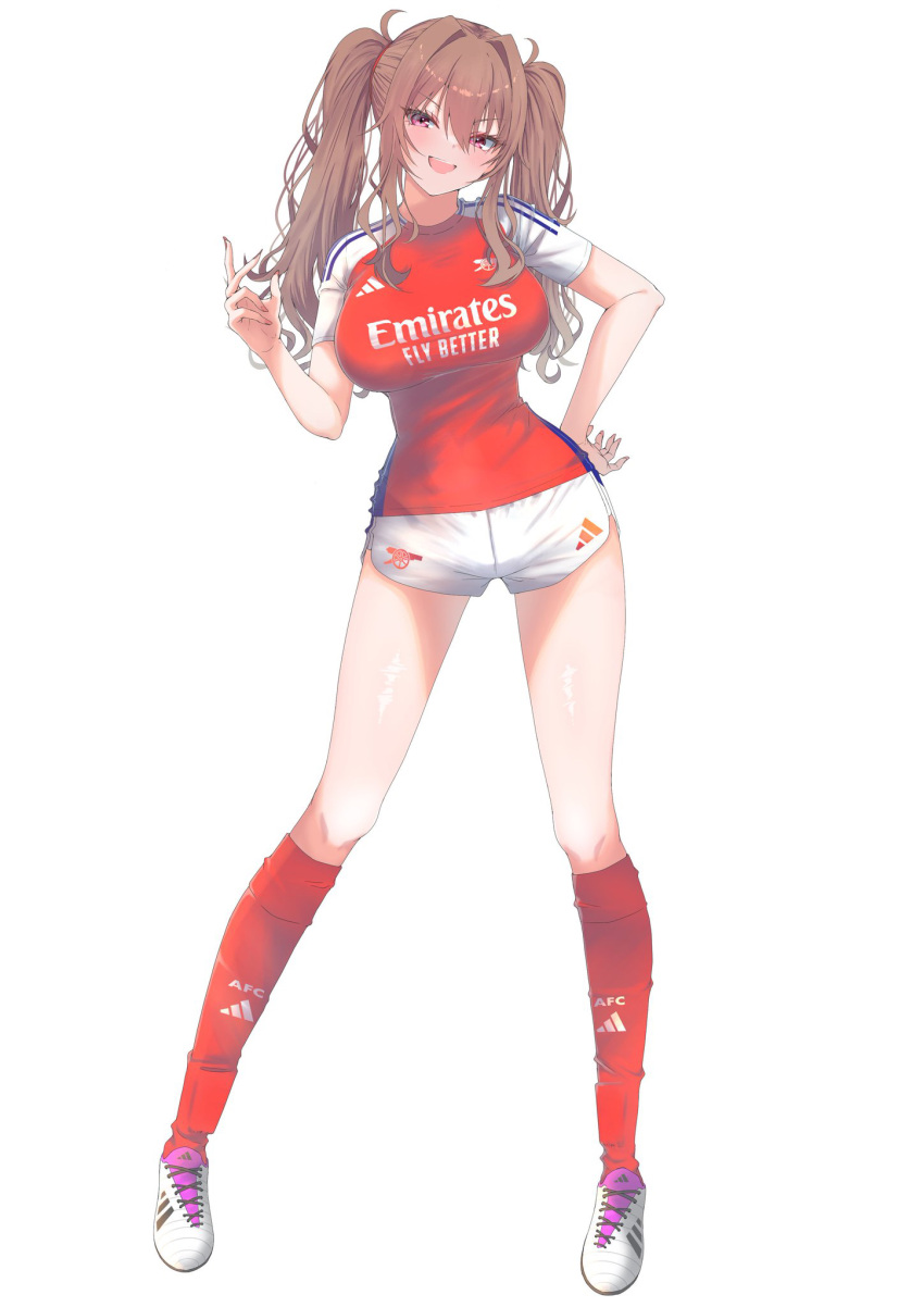 adidas arsenal_fc breasts brown_eyes brown_hair emirates_(airline) female hachimitsu_shitate highres kneehighs large_breasts nail_polish premier_league red_nails short_shorts shorts soccer soccer_uniform socks sportswear twintails white_background white_footwear