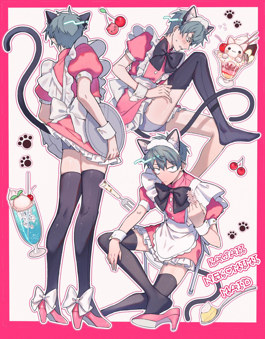 1boy 4tsuba_kuma alien_stage animal_ears apron black_bow black_bowtie black_thighhighs border bow bowtie cat_boy cat_ears cat_tail censored cherry commentary crossdressing dress drink food footwear_bow fork frilled_apron frills fruit green_eyes grey_hair grey_male_underwear high_heels highres holding holding_tray maid maid_headdress male_focus male_underwear middle_finger multiple_views official_alternate_costume outline outside_border parfait paw_print pink_border pink_dress pink_footwear pink_outline puffy_short_sleeves puffy_sleeves scribble_censor short_sleeves symbol-only_commentary tail thighhighs till_(alien_stage) tray underwear white_apron white_background white_bow white_outline