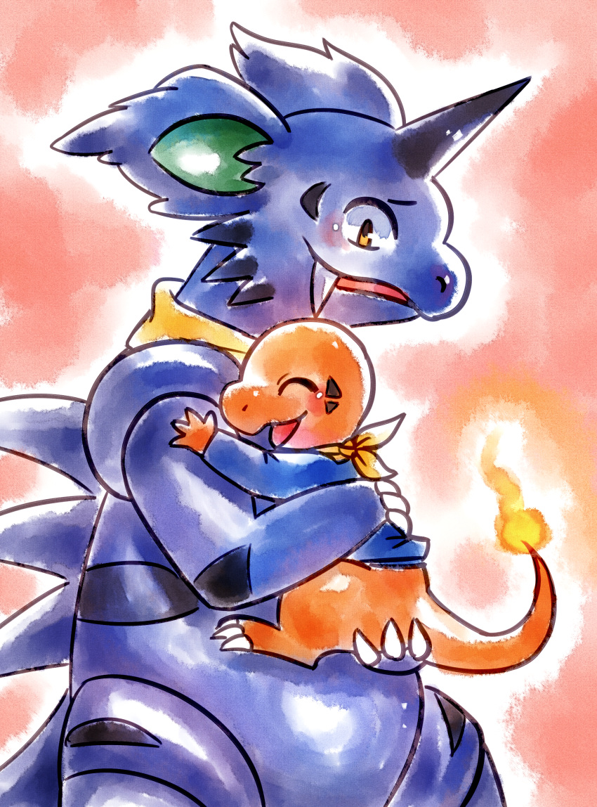 2016 absurd_res ambiguous_gender anterior_nasal_aperture biped blue_body brown_eyes charmander claws closed_eyes digital_media_(artwork) duo finger_claws fire flaming_tail flavia-elric generation_1_pokemon hi_res holding_another horn hug looking_at_another male nidorino nintendo open_mouth open_smile orange_body orange_scarf pokemon pokemon_(species) scarf sharp_teeth shiny_pokemon simple_background smile tail teeth tongue white_sclera