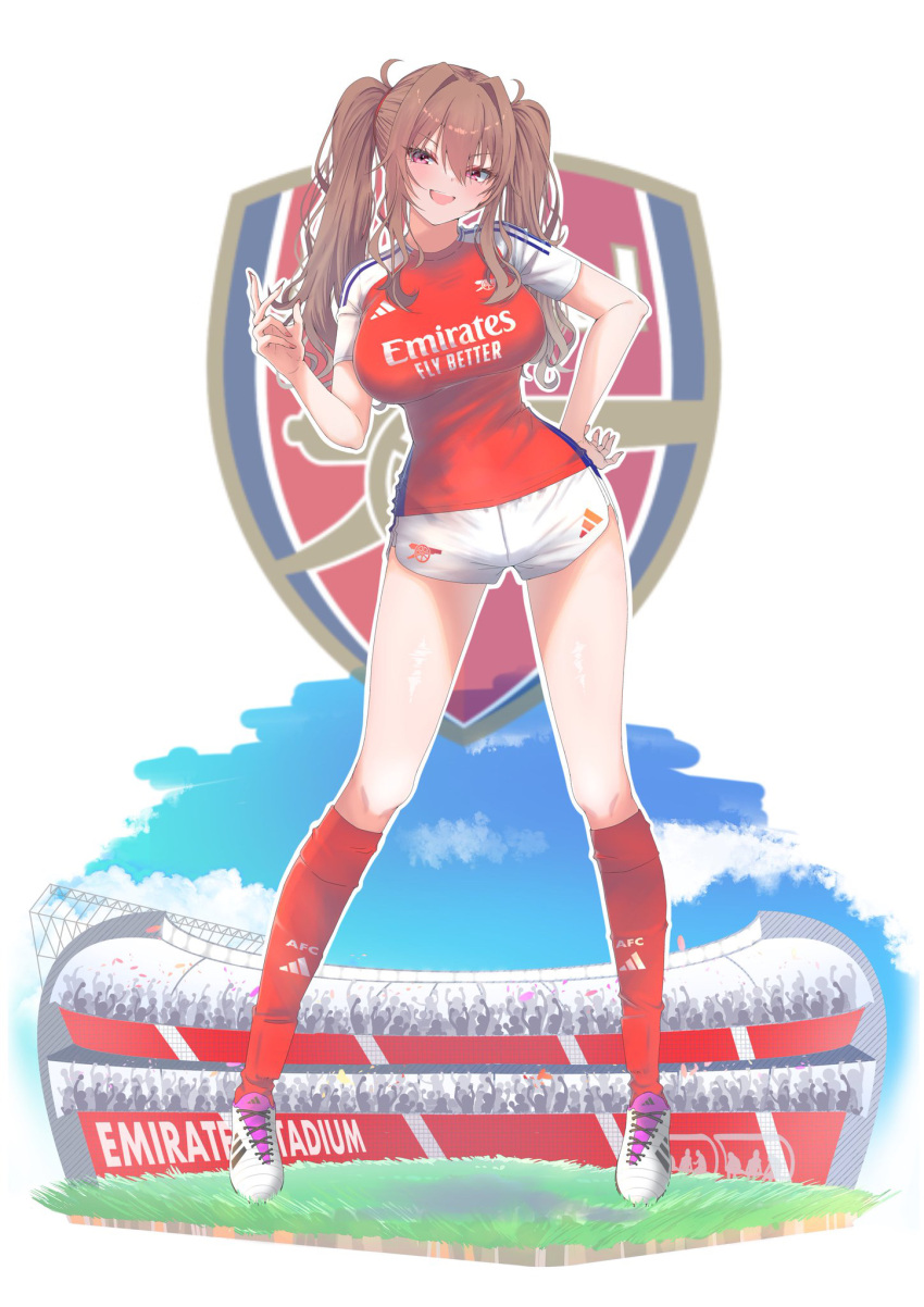 adidas arsenal_fc blue_sky breasts brown_eyes brown_hair cloud crowd emirates_(airline) female grass hachimitsu_shitate highres kneehighs large_breasts nail_polish premier_league red_nails red_shirt shirt short_shorts shorts sky soccer soccer_uniform socks sportswear stadium twintails white_footwear white_shorts