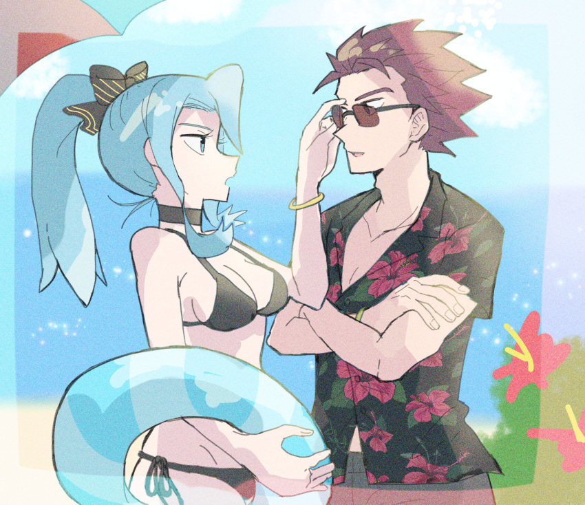 1boy beach bikini black_bikini black_bow black_choker blue_hair bow bracelet breasts choker clair_(pokemon) crossed_arms female floral_print hairbow halterneck hawaiian_shirt high_ponytail highres innertube jewelry lance_(pokemon) long_hair outdoors pokemon pokemon_hgss print_shirt red_hair shirt shu_(witb_) side-tie_bikini_bottom spiked_hair standing sunglasses swim_ring swimsuit