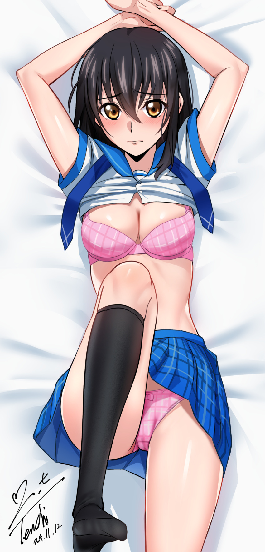 arms_up black_hair black_socks blue_sailor_collar blue_skirt blush bra breasts brown_eyes clothes_lift female hair_between_eyes highres himeragi_yukina knee_up long_hair looking_at_viewer lying medium_breasts panties pink_bra pink_panties plaid_clothes plaid_panties plaid_skirt pleated_skirt saikai_academy_school_uniform sailor_collar school_uniform serafuku shirt skirt socks solo strike_the_blood underwear white_shirt yoo_tenchi