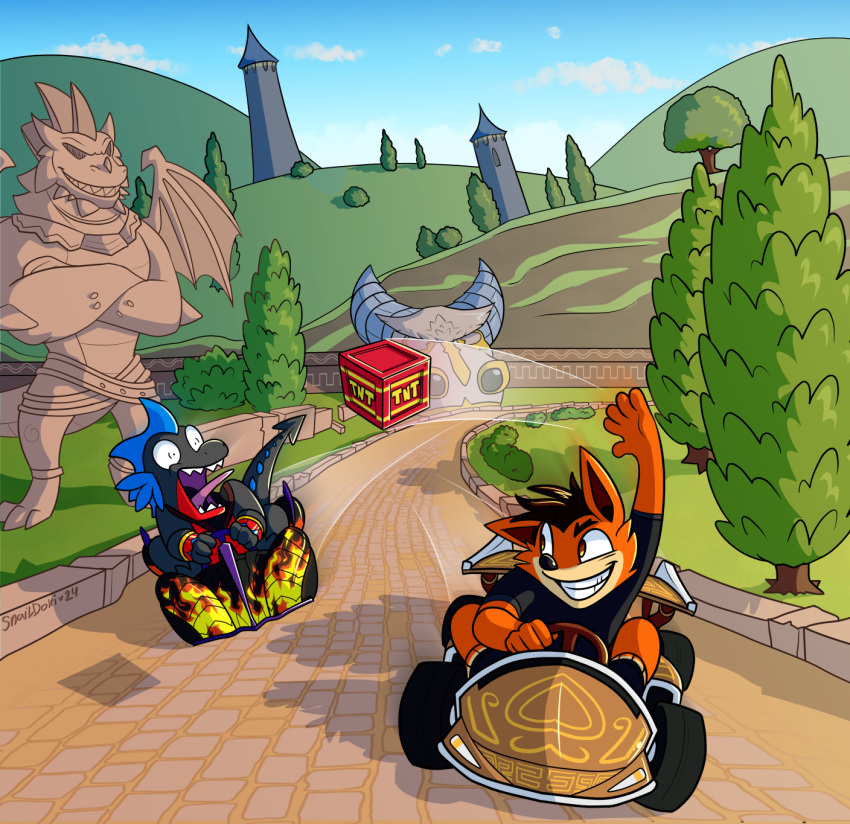 2024 3_toes 4_fingers 4_toes 5_fingers activision anthro armlet armwear bandicoot biped black_claws black_clothing black_feet black_tail claws clothing colored corops_blackscale crash_team_racing_nitro-fueled day digital_drawing_(artwork) digital_media_(artwork) dragon duo eawen_pikard explosives feet finger_claws fingers footwear fur gem hi_res kart light_body light_fur line_art long_tail male male_anthro mammal marsupial monotone_background multicolored_body multicolored_fur multicolored_scales mythological_creature mythological_scalie mythology orange_body orange_feet orange_fur outside plant race ruby_(gem) sapphire_(gem) scales scalie scaly_tail screaming sculpture shaded simple_background sitting smirking_at_another snaildoki spyro_the_dragon statue tail three-quarter_view tnt tnt_crate toe_claws toes topwear tower tree two_tone_body two_tone_fur vehicle wingless_dragon yellow_body yellow_fur