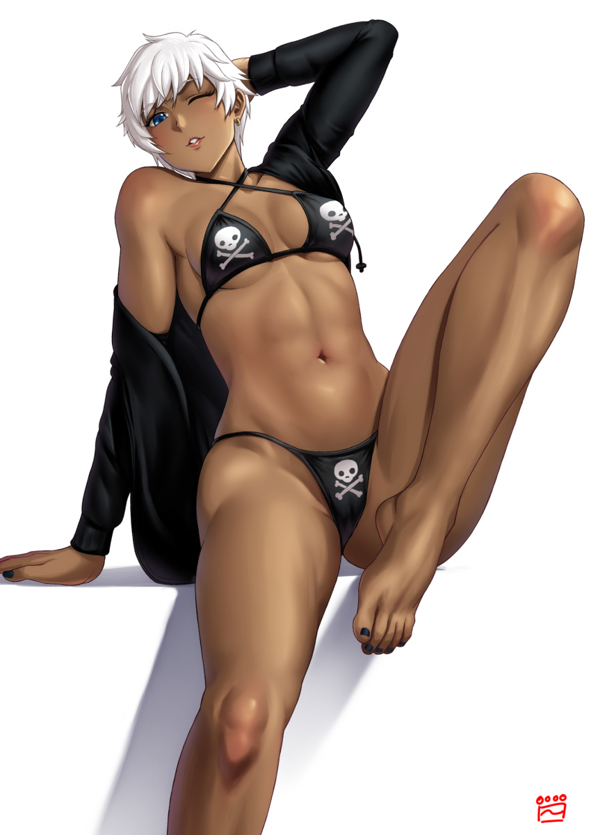 abs arm_support bare_legs bikini black_bikini black_nails breasts cleavage criss-cross_halter dark-skinned_female dark_skin elena_(street_fighter) finalcake halterneck highres knee_up medium_breasts nail_polish navel off_shoulder one_eye_closed sitting skull_and_crossbones stomach street_fighter swimsuit toenail_polish toenails toned_female