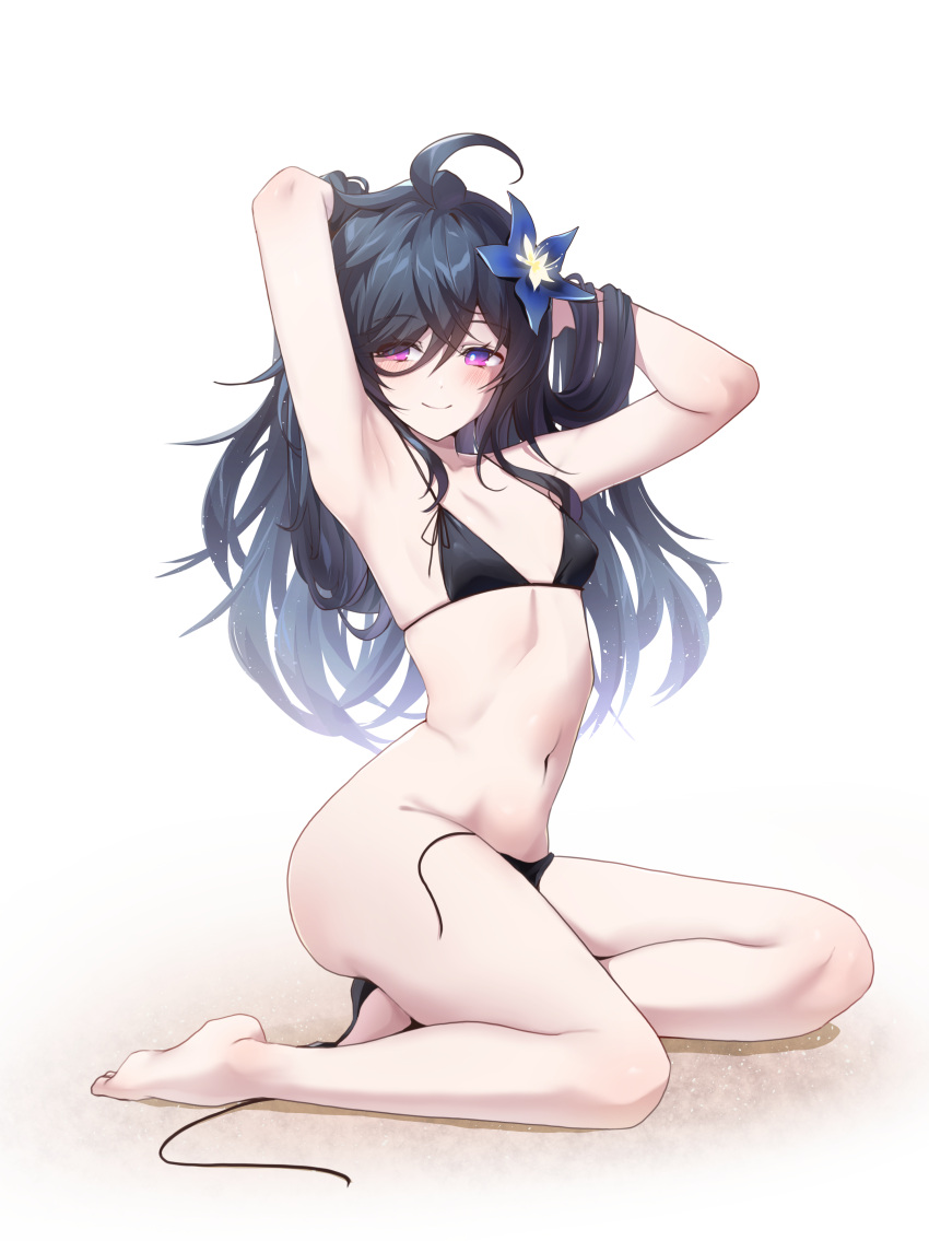 absurdres ahoge arm_behind_head armpits arms_up bare_arms bare_legs bare_shoulders barefoot bikini black_bikini black_hair breasts bright_pupils elsword feet female flower gradient_eyes hair_between_eyes hair_flower hair_ornament highres kneeling long_hair looking_at_viewer multicolored_eyes navel nisha_(elsword) nisha_labyrinth_(elsword) pinkmarine purple_eyes side-tie_bikini_bottom simple_background small_breasts solo stomach string_bikini swimsuit thighs untied_bikini white_background