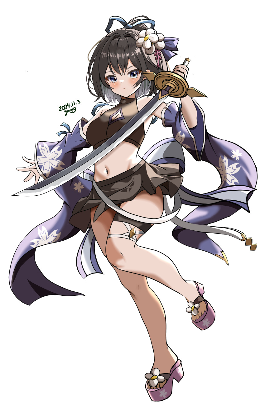 absurdres bikini black_hair blue_eyes breasts detached_sleeves floral_print flower full_body granblue_fantasy hair_flower hair_ornament highres holding holding_sword holding_weapon katana official_alternate_costume platform_footwear platform_heels shion_(granblue_fantasy) short_hair simple_background swimsuit swimsuit_skirt sword thigh_strap weapon white_background yanapy