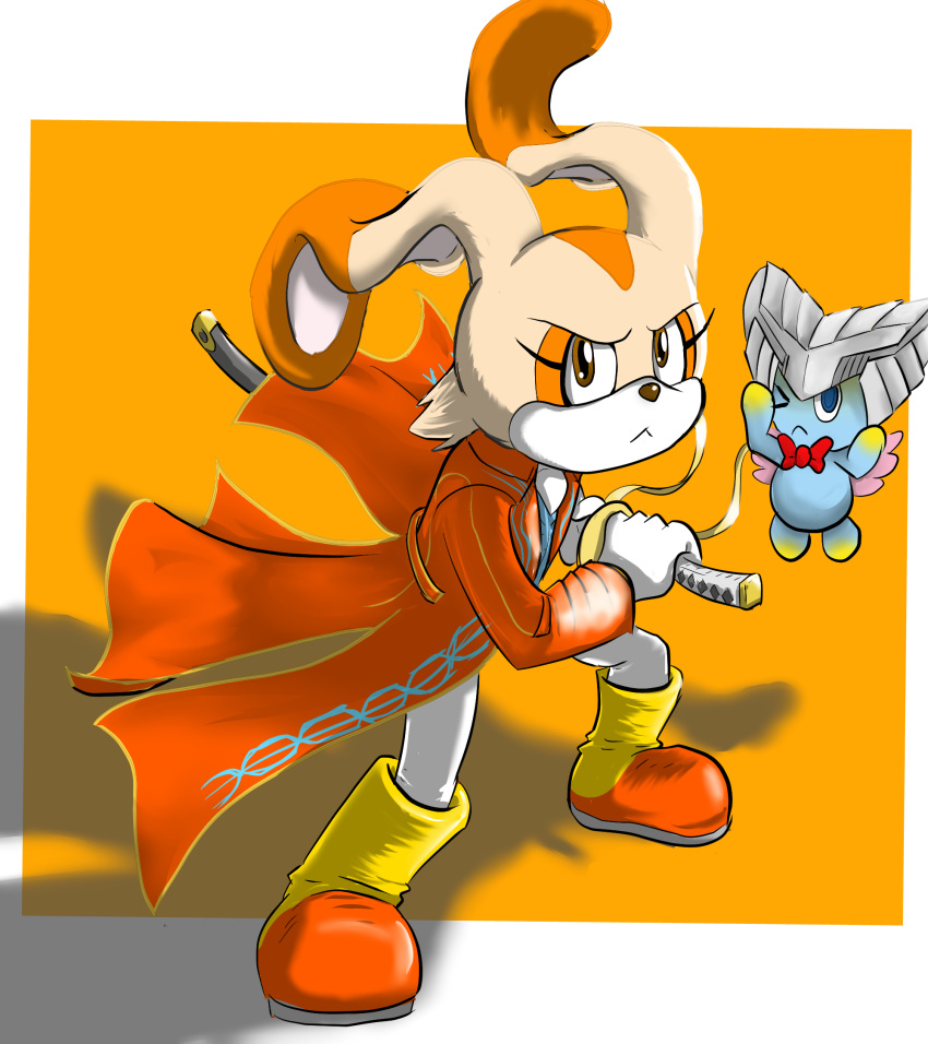 2022 alternate_color anthro capcom chao_(sonic) cheese_the_chao clothing cosplay costume cream_the_rabbit devil_may_cry digital_drawing_(artwork) digital_media_(artwork) digital_painting_(artwork) duo female geminart hi_res katana lagomorph long_coat mammal melee_weapon pose sega sheathed_weapon sonic_the_hedgehog_(series) sword vergil_(devil_may_cry) weapon