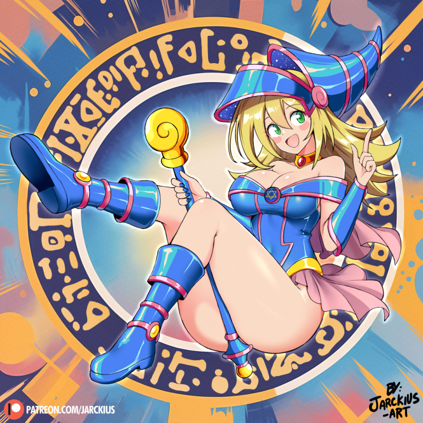 bare_shoulders blonde_hair blue_footwear blue_hat blush blush_stickers boots breasts choker cleavage dark_magician_girl duel_monster female green_eyes hair_between_eyes hat hexagram holding holding_wand jarckius large_breasts long_hair looking_at_viewer midriff navel open_mouth pentacle pentagram phrygian_helmet showgirl_skirt signature smile solo staff wand wizard_hat yu-gi-oh!