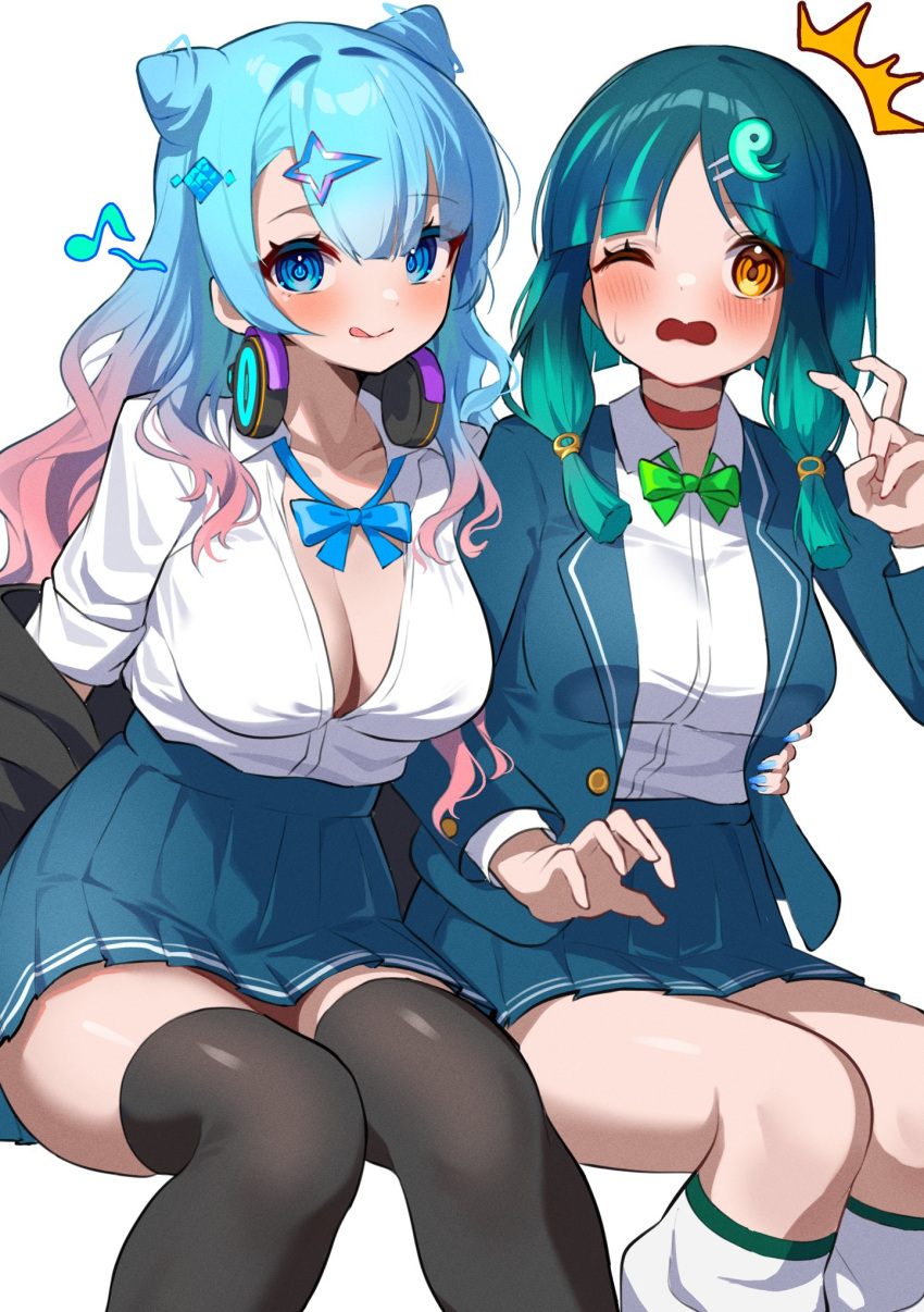 2girls :d blazer blue_eyes blue_hair bow bowtie breasts cleavage cone_hair_bun gradient_hair green_hair hair_bun hair_ornament hairclip hamukiri headphones highres jacket long_hair looking_at_viewer magatama_hair_ornament medium_breasts monster_strike multicolored_hair multiple_girls musical_note neo_(monster_strike) one_eye_closed open_clothes open_jacket open_mouth pink_hair school_uniform short_hair simple_background sitting smile socks thighhighs tongue tongue_out white_background white_socks yakumo_(monster_strike) yellow_eyes