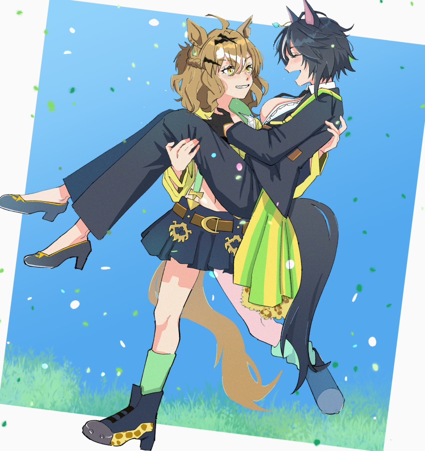 2girls ahoge animal_ears belt black_footwear black_gloves black_hair black_jacket black_pants black_skirt boots braid breasts brown_hair carrying closed_eyes confetti fuji_kiseki_(umamusume) gloves green_socks grin high_heel_boots high_heels highres horse_ears horse_girl horse_tail jacket jungle_pocket_(umamusume) long_sleeves looking_at_another medium_hair multiple_girls navel notched_ear open_mouth pants pore_(uwuifx927171) princess_carry shirt skirt small_breasts smile socks suspender_skirt suspenders sweat tail umamusume walking white_shirt yellow_eyes yellow_jacket yuri