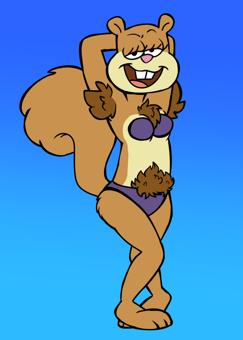 2024 anthro armpit_hair bedroom_eyes bikini bikini_bottom bikini_top blue_background body_hair brown_body brown_fur brown_hair buckteeth clothing crossed_legs digital_drawing_(artwork) digital_media_(artwork) dumbochumbo female fur hair hairy hi_res mammal narrowed_eyes nickelodeon pinup pose pubes purple_bikini purple_bikini_bottom purple_bikini_top purple_clothing purple_swimwear rodent sandy_cheeks sciurid seductive simple_background solo spongebob_squarepants swimwear teeth tree_squirrel two-piece_swimsuit