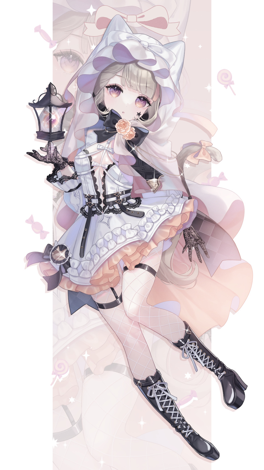 absurdres animal_ears belt boots bow cape cat_ears cat_tail center_opening chest_harness cross-laced_footwear dress fishnets frilled_dress frilled_sleeves frills garter_straps genshin_impact gloves halloween harness high_heel_boots high_heels highres hood hooded_cape lace lace-up_boots lace_gloves lace_trim lantern lynette_(genshin_impact) tail user_ajvp2258