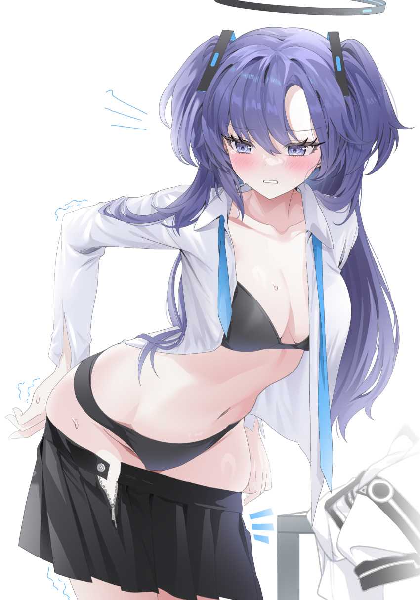 absurdres ass black_bra black_panties black_skirt blue_archive blush bra breasts cleavage collarbone dressing female halo highres jacket laseri leaning_forward long_hair medium_breasts navel necktie open_clothes open_shirt open_skirt panties purple_eyes purple_hair shirt skindentation skirt solo stomach sweat two_side_up undersized_clothes underwear undone_necktie unworn_jacket very_long_hair white_shirt yuuka_(blue_archive)