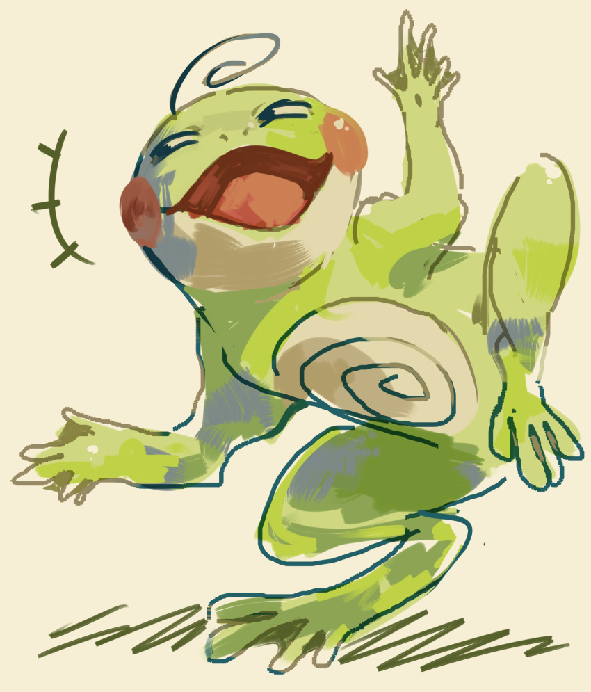 2020 ambiguous_gender amphibian black_eyes cheek_spots digital_media_(artwork) flavia-elric frog generation_2_pokemon green_body hi_res nintendo open_mouth open_smile pokemon pokemon_(species) politoed pose simple_background smile solo tongue white_sclera