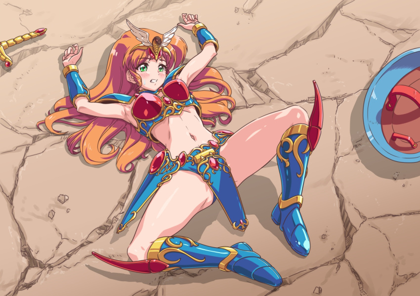 armor armpits arms_up bikini bikini_armor blue_bikini blue_footwear blush boots breasts brown_hair clenched_teeth defeat female gem green_eyes hair_ornament knee_boots long_hair lucia_(madura_no_tsubasa) lying madura_no_tsubasa navel on_back on_floor red_bikini shield shoulder_armor solo spread_legs stomach swimsuit sword teeth thighs vambraces weapon zouni_(xavier)