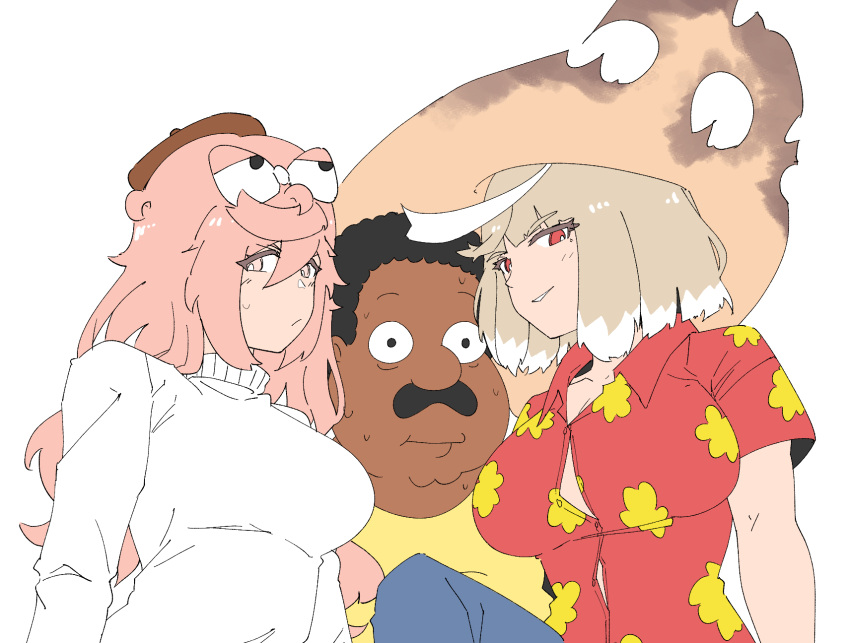 1boy 2girls ai-generated_art_(topic) archives.gokulism beret black_hair bow breasts cleft_chin cleveland_brown cosplay dark-skinned_male dark_skin facial_hair family_guy fat fat_man glenn_quagmire glenn_quagmire_(cosplay) hairbow hat highres large_breasts light_brown_hair long_hair moustache multicolored_hair multiple_girls orange_hat original partially_unbuttoned peter_griffin pink_hair red_eyes short_hair streaked_hair sweat sweater turtleneck turtleneck_sweater very_short_hair white_hair white_sweater yellow_eyes