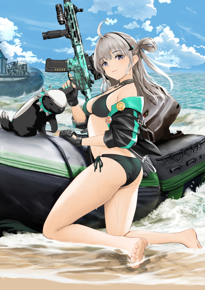 aac_honey_badger ahoge animal ass assault_rifle beach bikini black_bikini blue_eyes blue_sky breasts collar commission day feet female from_side gibun_(sozoshu) girls'_frontline green_nails grey_eyes grey_hair gun hair_bun highres holding holding_gun holding_weapon honey_badger honey_badger_(girls'_frontline) hovercraft jacket jacket_partially_removed kneeling long_hair looking_at_viewer medium_breasts pixiv_commission rifle side-tie_bikini_bottom single_side_bun sky solo spiked_collar spikes swimsuit thighs water watercraft weapon wet