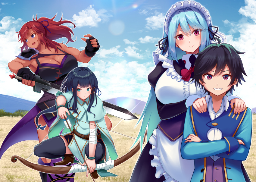 1boy 2girls 3girls apron armor arrow_(projectile) black_dress black_gloves black_hair black_thighhighs blue_eyes blue_hair blue_jacket bow_(weapon) breasts brown_footwear center_frills character_request cloud collared_shirt copyright_request crossed_arms dark-skinned_female dark_skin dress fingerless_gloves frills gloves grass hands_on_another's_shoulders highres holding holding_bow_(weapon) holding_sword holding_weapon jacket large_breasts long_hair maid maid_headdress multiple_girls open_mouth pauldrons pink_eyes ponytail red_hair shirt shoulder_armor single_pauldron sky sword thighhighs vest waistcoat weapon white_apron white_shirt yuki_mizore