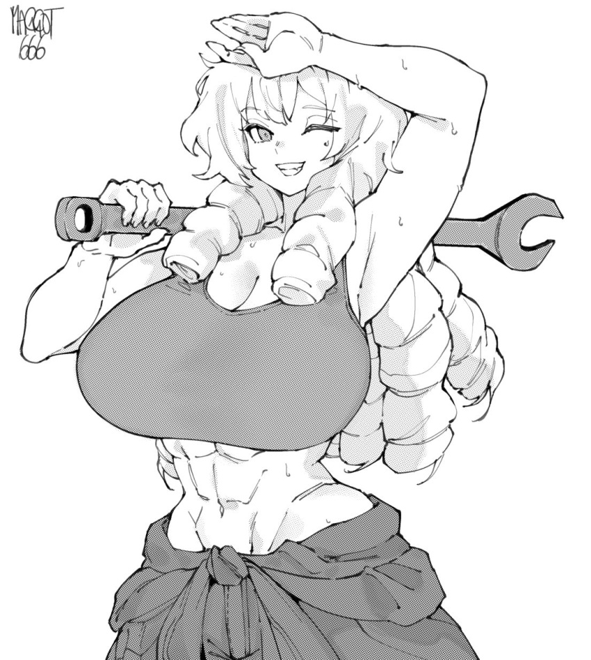 ;) abs breasts cleavage commission female greyscale hand_on_own_forehead highres holding holding_wrench long_hair looking_at_viewer monochrome muscular muscular_female norman_maggot one_eye_closed original simple_background smile solo standing sweat white_background wrench