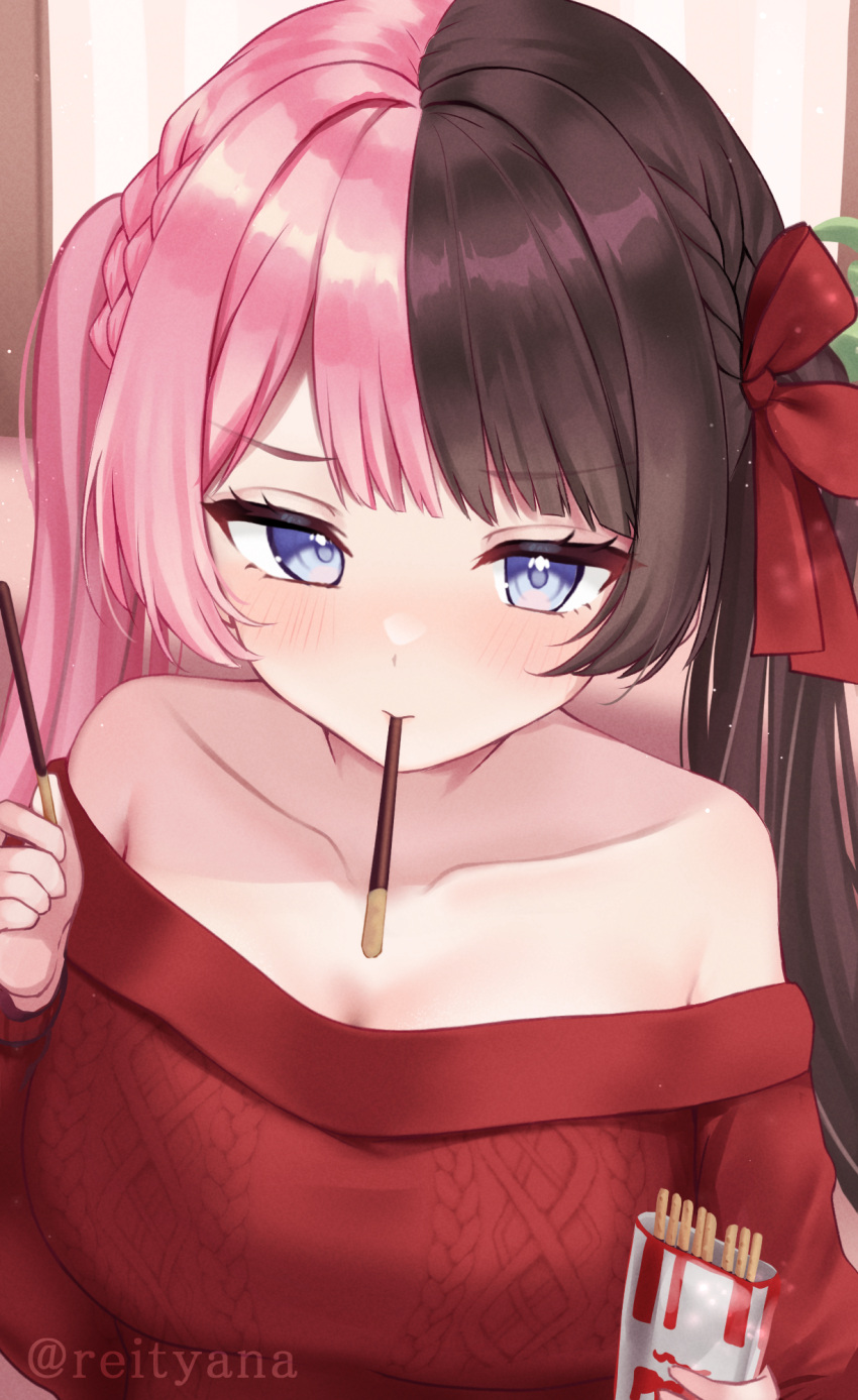 aran_sweater bare_shoulders birthday blue_eyes blush bow braid breasts brown_hair cable_knit collarbone female food food_in_mouth hairbow happy_birthday highres holding holding_food holding_pocky incoming_pocky_kiss large_breasts long_hair long_sleeves looking_at_viewer mouth_hold multicolored_hair no_bra off-shoulder_sweater off_shoulder pink_hair pocky pocky_day pocky_in_mouth red_bow red_sweater reityana solo split-color_hair sweater tachibana_hinano_(vtuber) twin_braids twintails twitter_username two-tone_hair upper_body very_long_hair virtual_youtuber vspo!