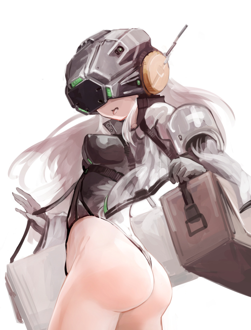 android armband ass bag black_collar black_helmet black_leotard breasts collar collared_leotard commentary_request cowboy_shot cross female first_aid_kit gloves goddess_of_victory:_nikke green_trim grey_armband grey_bag grey_gloves grey_hair grey_theme helmet highres holding_strap idoll_ocean_(nikke) leotard long_hair looking_back ohyatupuru open_mouth science_fiction shoulder_bag small_breasts solo thighs tongue tongue_out