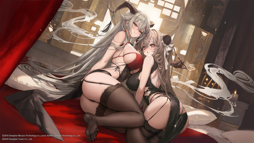 2girls :o aegir_(azur_lane) aegir_(golden_dragon_among_auspicious_clouds)_(azur_lane) anchorage_(azur_lane) anchorage_(moonlit_boat_ride)_(azur_lane) ass ass_cutout azur_lane back_cutout black_garter_straps black_horns breasts bun_cover china_dress chinese_clothes clothing_cutout commentary demon_girl demon_horns double_bun dress framed_breasts freng garter_straps grey_hair hair_between_eyes hair_bun highres horn_ornament horns lace-trimmed_thighhighs lace_trim large_breasts multicolored_hair multiple_girls official_alternate_costume red_hair sideboob sideless_outfit smile streaked_hair thighhighs thighs