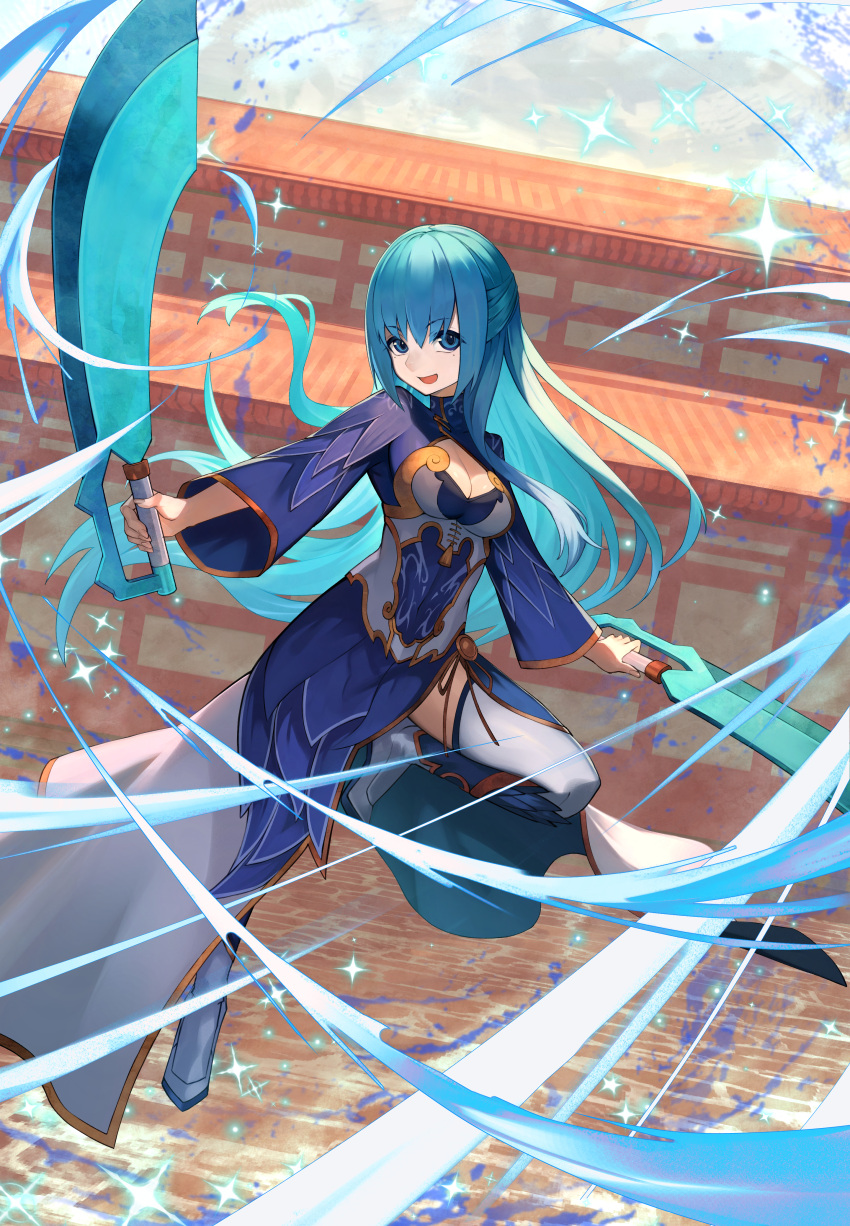 absurdres blue_eyes blue_hair blue_lotus_(flower_knight_girl) breasts cleavage dual_wielding female flower_knight_girl highres holding holding_sword holding_weapon long_hair long_sleeves looking_at_viewer official_art open_mouth outdoors ribbon solo sparkle sword teo_(telo_ruka) thighhighs very_long_hair weapon white_thighhighs