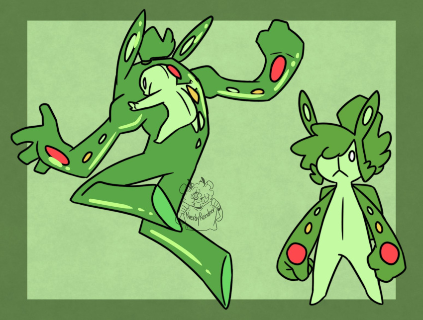 action_pose ambiguous_gender anthro cell_(organism) generation_5_pokemon green_body green_hair green_theme hair humanoid multiple_images nerdyreindeer nintendo pokemon pokemon_(species) pose pseudo_hair reuniclus simple_background solo white_eyes