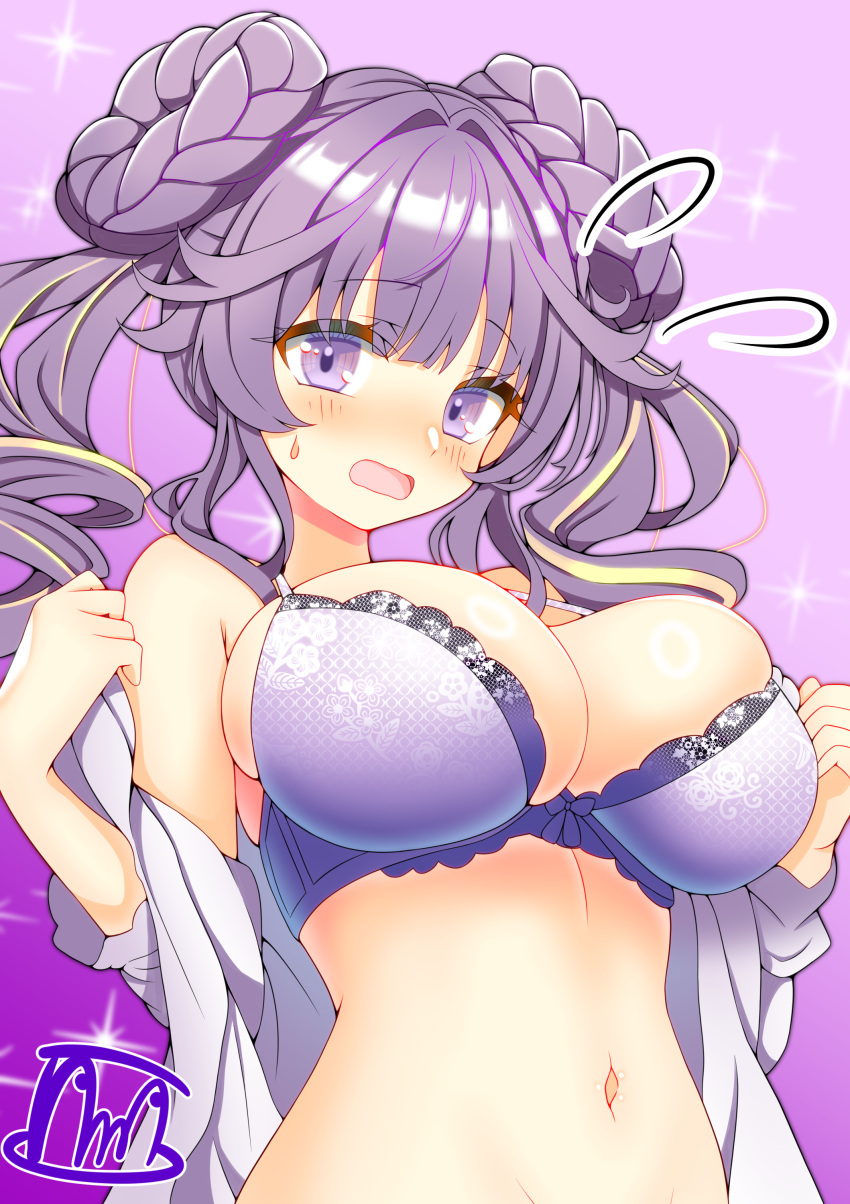 absurdres blush bra breasts doughnut_hair_bun duel_monster female hair_bun highres large_breasts long_hair navel purple_background purple_bra purple_eyes purple_hair selettrice_vaalmonica signature tama_(druid22) underwear yu-gi-oh!