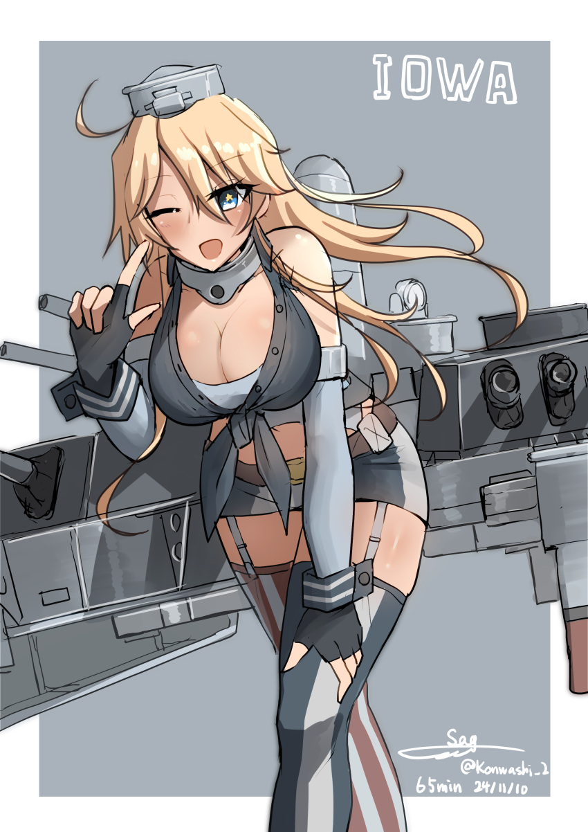 absurdres american_flag american_flag_legwear american_flag_print blonde_hair blue_eyes breasts cannon character_name collar elbow_gloves female fingerless_gloves flag_print front-tie_top garter_straps gloves hair_between_eyes headgear highres iowa_(kancolle) kantai_collection large_breasts metal_collar miniskirt navel one_eye_closed rigging skirt solo star-shaped_pupils star_(symbol) striped_clothes striped_skirt striped_thighhighs symbol-shaped_pupils teisei_misagi thighhighs turret vertical-striped_clothes vertical-striped_skirt vertical-striped_thighhighs