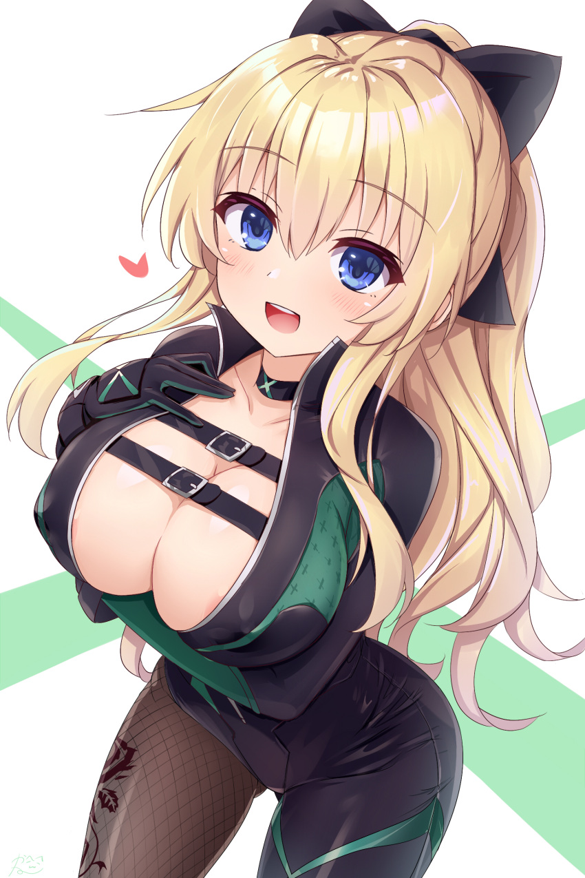 :d absurdres areola_slip arm_under_breasts black_bodysuit black_choker black_ribbon blonde_hair blue_eyes blush bodysuit breasts chest_belt choker cleavage collarbone covered_nipples cowboy_shot female hair_ribbon heart highres kazuneko_(wktk1024) large_breasts long_hair looking_at_viewer neptune_(series) ribbon smile solo thighs vert_(neptunia) very_long_hair