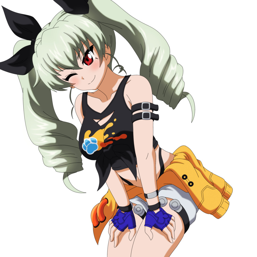 absurdres anchovy_(girls_und_panzer) arm_strap bansy_(project_mugen) bansy_(project_mugen)_(cosplay) black_panties black_ribbon black_shirt blue_gloves closed_mouth clothes_around_waist commentary cosplay drill_hair english_commentary female fingerless_gloves front-tie_top girls_und_panzer gloves green_hair grey_shorts hair_ribbon hands_on_own_thighs highleg highleg_panties highres invisible_chair long_hair looking_at_viewer navel one_eye_closed panties print_shirt project_mugen recker red_eyes ribbon shirt short_shorts shorts simple_background sitting sleeveless sleeveless_shirt smile solo sweater sweater_around_waist twin_drills twintails underwear white_background