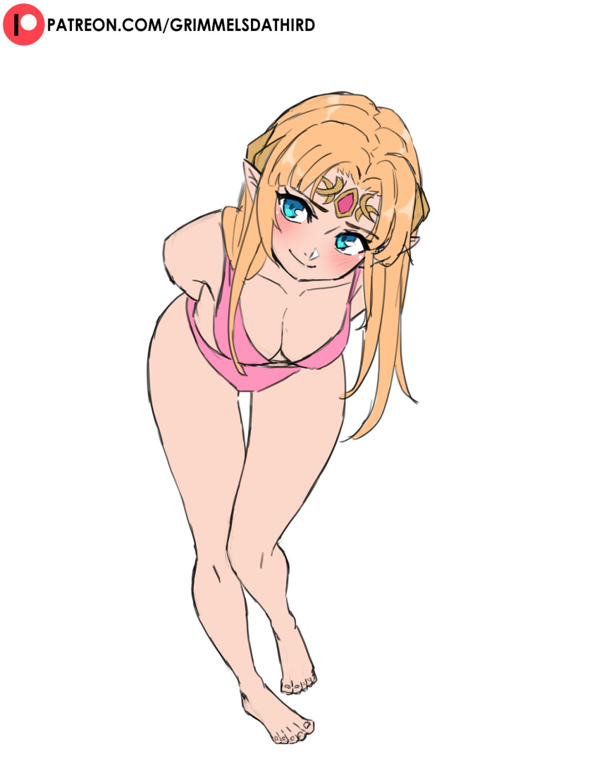 arms_behind_back barefoot bikini blonde_hair blue_eyes blush breasts cleavage closed_mouth collarbone commentary female full_body grimmelsdathird highres leaning_forward long_hair looking_at_viewer medium_breasts patreon_logo patreon_username pink_bikini pointy_ears princess_zelda simple_background smile solo standing swimsuit the_legend_of_zelda the_legend_of_zelda:_a_link_between_worlds tiara white_background