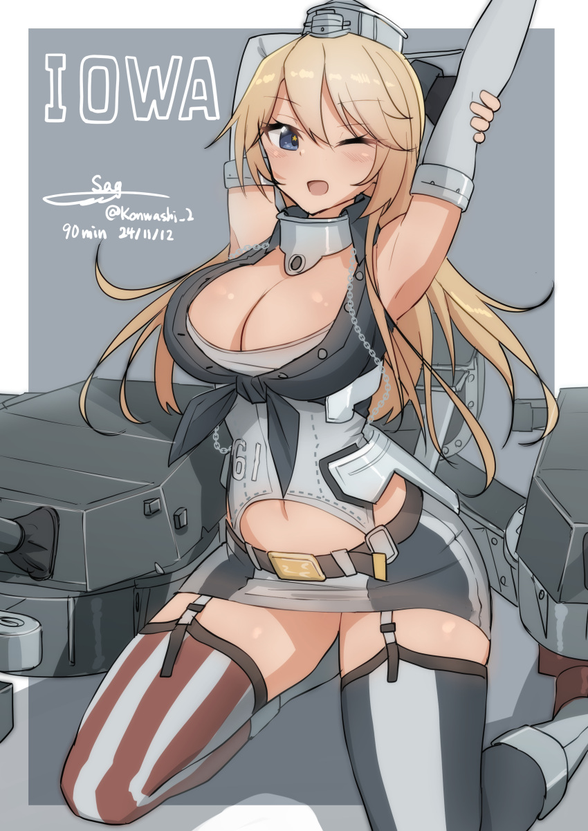 absurdres american_flag american_flag_legwear american_flag_print blonde_hair blue_eyes breasts cannon character_name collar elbow_gloves female fingerless_gloves flag_print front-tie_top garter_straps gloves hair_between_eyes headgear highres iowa_(kancolle) kantai_collection large_breasts metal_collar miniskirt navel one_eye_closed rigging skirt solo star-shaped_pupils star_(symbol) striped_clothes striped_skirt striped_thighhighs symbol-shaped_pupils teisei_misagi thighhighs turret vertical-striped_clothes vertical-striped_skirt vertical-striped_thighhighs