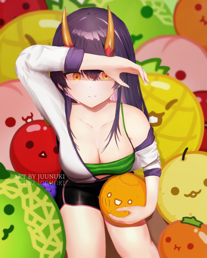 absurdres apple artist_name black_hair black_shorts bra breasts cantaloupe cleavage collarbone colored_inner_hair female food food_print fruit grapes green_bra highres indie_virtual_youtuber juunuki long_hair melon multicolored_hair nashi_pear onigiri_(vtuber) peach persimmon pineapple purple_hair shorts suika_game underwear virtual_youtuber watermelon_print yellow_eyes