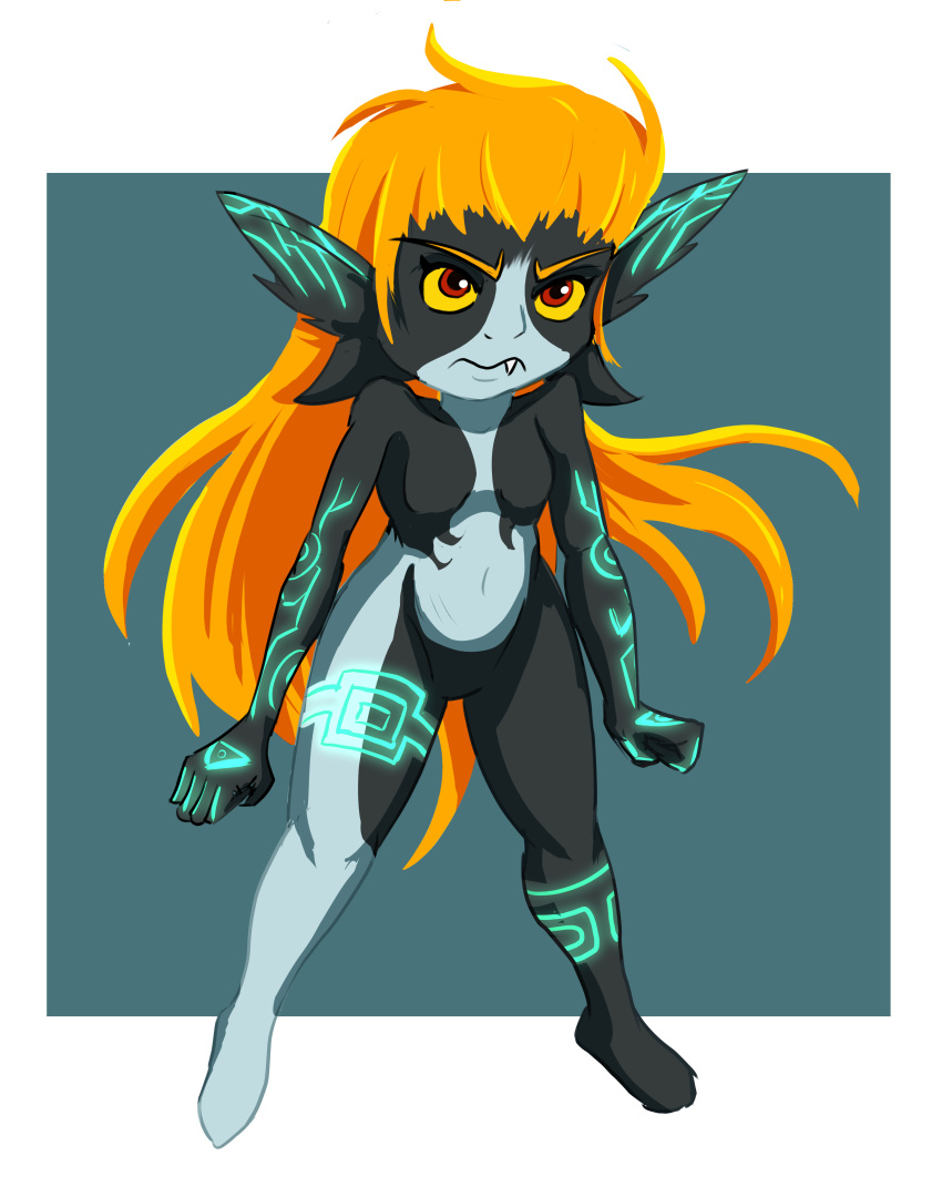 2022 absurd_res angry digital_drawing_(artwork) digital_media_(artwork) digital_painting_(artwork) fangs female fist frown geminart glowing glowing_tattoo hair hi_res humanoid imp midna multicolored_body nintendo orange_hair pointy_ears red_eyes solo tattoo teeth the_legend_of_zelda twili twilight_princess