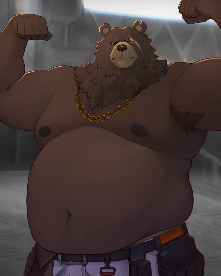 1boy animal_ears armpit_crease armpit_hair bara bare_pectorals bear_boy bear_ears beard_stubble belly ben_bigger biceps blush brown_fur chain_necklace chains clenched_hands closed_mouth dartz_(zcdartz) english_commentary facial_hair fat flexing furry furry_male highres jewelry light_blush looking_to_the_side male_focus navel necklace nipples notched_ear pants pectorals plump scar scar_across_eye stubble white_pants zenless_zone_zero