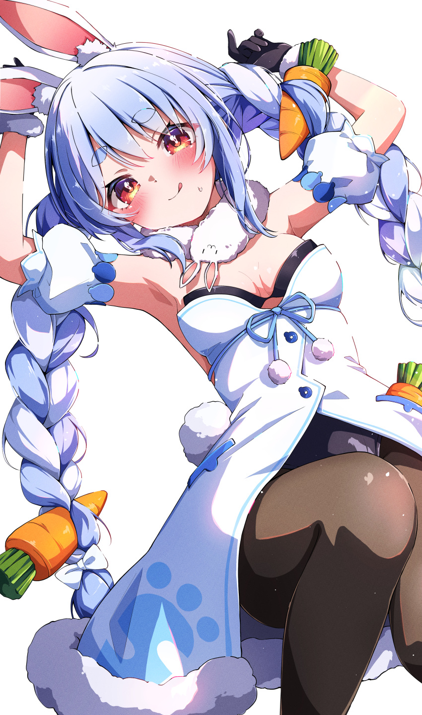 absurdres animal_ear_fluff animal_ears armpits arms_up black_gloves blue_hair braid breasts carrot carrot_hair_ornament carrot_in_pocket coat_dress female food-themed_hair_ornament fur-trimmed_gloves fur_scarf fur_trim gloves hair_ornament highres hololive knee_up leotard leotard_under_clothes long_hair looking_at_viewer multicolored_hair pantyhose rabbit-shaped_pupils rabbit_ears rabbit_girl short_eyebrows smile solo symbol-shaped_pupils t4n4k4_no_yosei thick_eyebrows tongue tongue_out transparent_background twin_braids twintails two-tone_hair usada_pekora usada_pekora_(1st_costume) virtual_youtuber white_hair