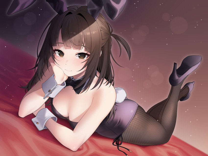 absurdres akishino_yuzuki animal_ears artist_request bed_sheet black_bow black_bowtie black_leotard blush bow bowtie breasts brown_eyes brown_hair cleavage detached_collar female fishnet_pantyhose fishnets hand_on_own_chin high_heels highres indie_virtual_youtuber leotard light_particles looking_at_viewer lying medium_breasts medium_hair on_stomach one_side_up pantyhose playboy_bunny rabbit_ears rabbit_tail side-tie_leotard simple_background solo strapless strapless_leotard tail wrist_cuffs