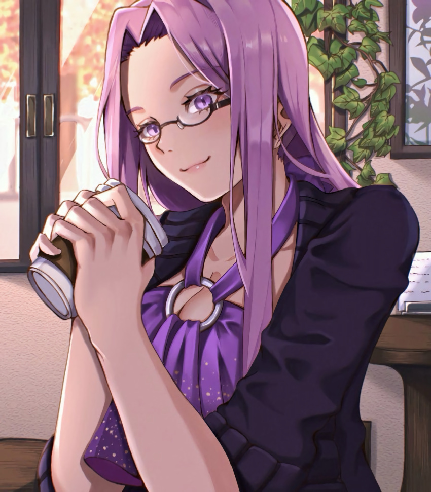 blush cup disposable_coffee_cup disposable_cup door dress fate/stay_night fate_(series) female glasses highres holding holding_cup long_hair looking_at_viewer medusa_(fate) medusa_(rider)_(fate) nikumaki43 o-ring_dress plant purple_dress purple_eyes purple_hair smile solo upper_body vines