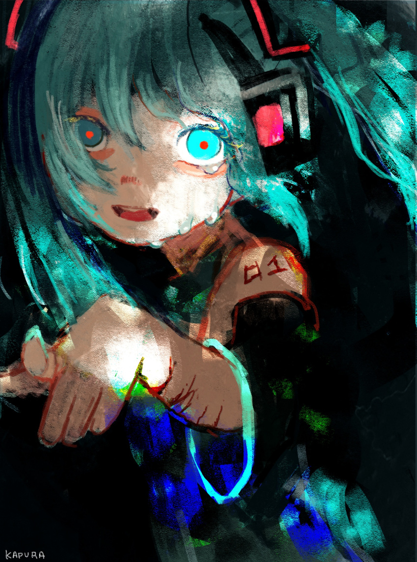 aqua_eyes aqua_hair black_background black_sleeves commentary crying crying_with_eyes_open cuts detached_sleeves female hatsune_miku headphones headset highres injury kapura long_hair looking_at_viewer number_tattoo open_mouth pointing pointing_at_viewer red_pupils self-harm self-harm_scar solo tattoo tears twintails vocaloid wrist_cutting