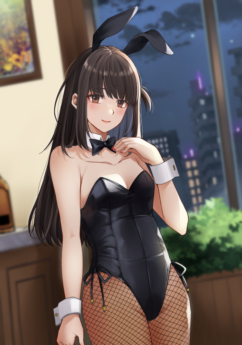 akishino_yuzuki animal_ears black_bow black_hair black_leotard black_ribbon blush bow breasts brown_eyes bunny_day city city_lights cleavage collarbone cowboy_shot detached_collar female fishnet_pantyhose fishnets highres indie_virtual_youtuber indoors leotard looking_at_viewer medium_breasts nail_polish night night_sky one_side_up pantyhose picture_frame pink_lips plant playboy_bunny potted_plant rabbit_ears red_nails ribbon sky solo window wrist_cuffs yoshii_yumi