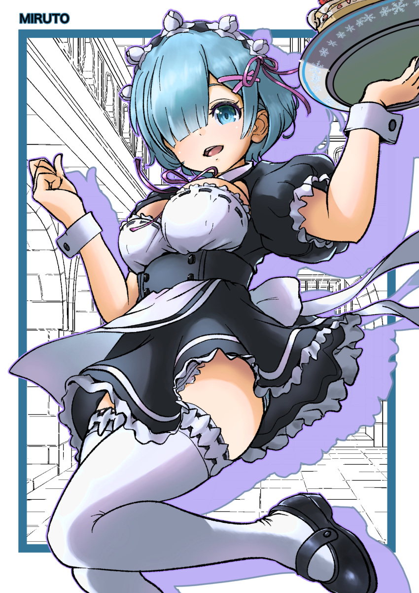 artist_name black_footwear blue_eyes blue_hair breasts cleavage commission commissioner_upload hair_ornament hair_ribbon highres holding holding_tray maid maid_headdress miruto2 official_alternate_costume pink_ribbon pixiv_commission re:zero_kara_hajimeru_isekai_seikatsu rem_(re:zero) ribbon ribbon-trimmed_clothes ribbon_trim short_hair smile thighs tray wrist_cuffs x_hair_ornament zettai_ryouiki