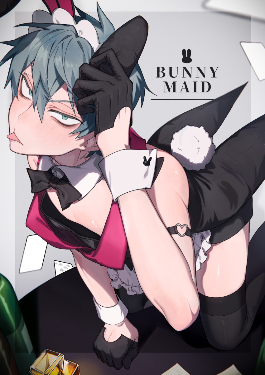 1boy 4tsuba_kuma alien_stage all_fours alternate_costume animal_ears black_bow black_bowtie black_gloves black_thighhighs bottle bow bowtie bunny_day card coattails collar commentary detached_collar english_text gloves green_eyes grey_hair hair_between_eyes half_gloves hand_on_own_ear highres looking_at_viewer male_focus male_playboy_bunny playing_card rabbit_ears rabbit_tail short_hair solo tail thighhighs till_(alien_stage) tongue tongue_out very_short_hair white_collar white_wrist_cuffs wine_bottle wrist_cuffs