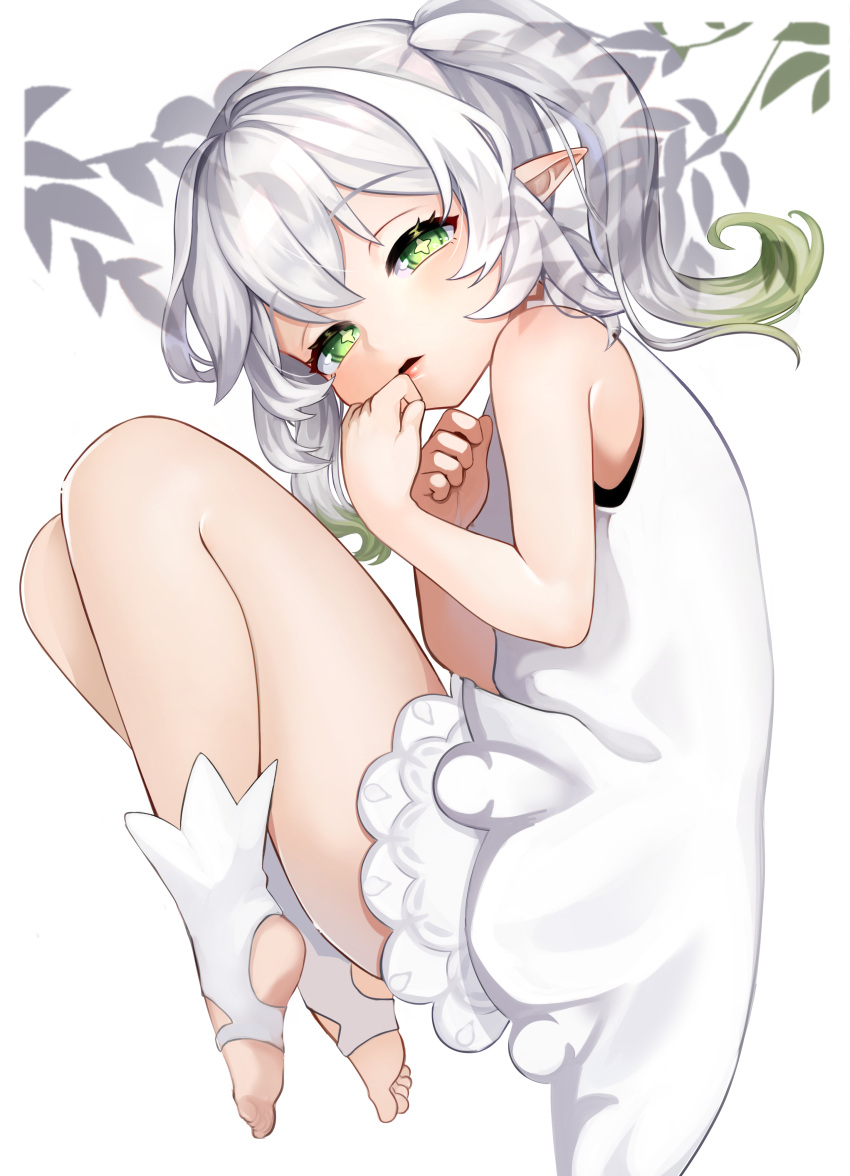 absurdres bare_shoulders bloomers blush branch cross-shaped_pupils curled_up dress female fetal_position full_body genshin_impact gradient_hair green_eyes green_hair half-closed_eyes hand_on_own_chest hand_on_own_face hand_to_own_mouth highres leaf looking_at_viewer lying multicolored_hair nahida_(genshin_impact) on_side open_mouth paipukoron417 pointy_ears shadow side_ponytail sidelocks simple_background solo stirrup_footwear stirrup_legwear symbol-shaped_pupils toeless_footwear toeless_legwear white_background white_bloomers white_dress white_hair